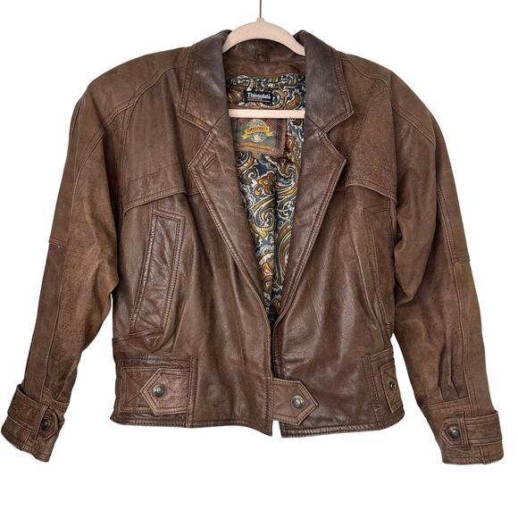 XS 80s VTG Adventure Bound Thinsulate Brown Leather Bomber Jacket Biker Grunge - Picture 1 of 10